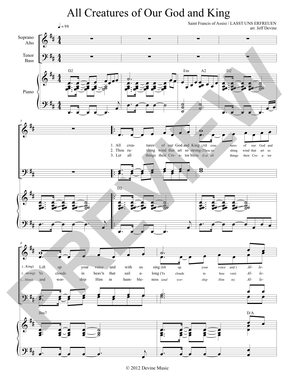 All Creatures of Our God and King (<em>Lasst Uns Erfreuen</em>) sheet music preview, page 1 — Jeff Devine