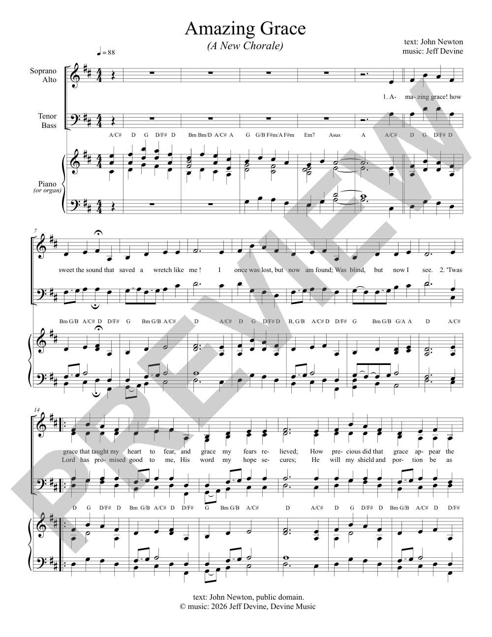 Amazing Grace (<em>Sursum Corda</em>) sheet music preview, page 1 — Jeff Devine