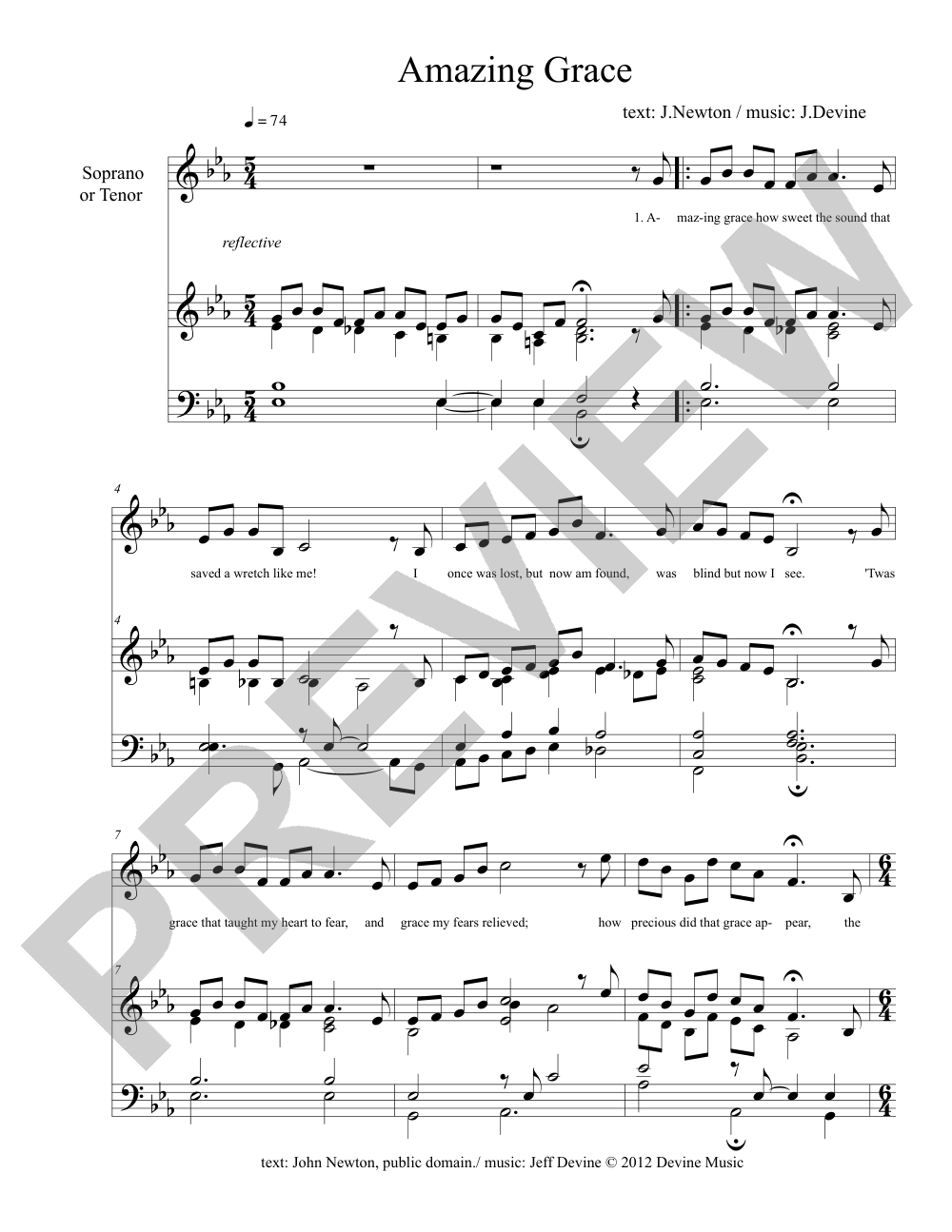 Amazing Grace sheet music preview, page 1 — Jeff Devine