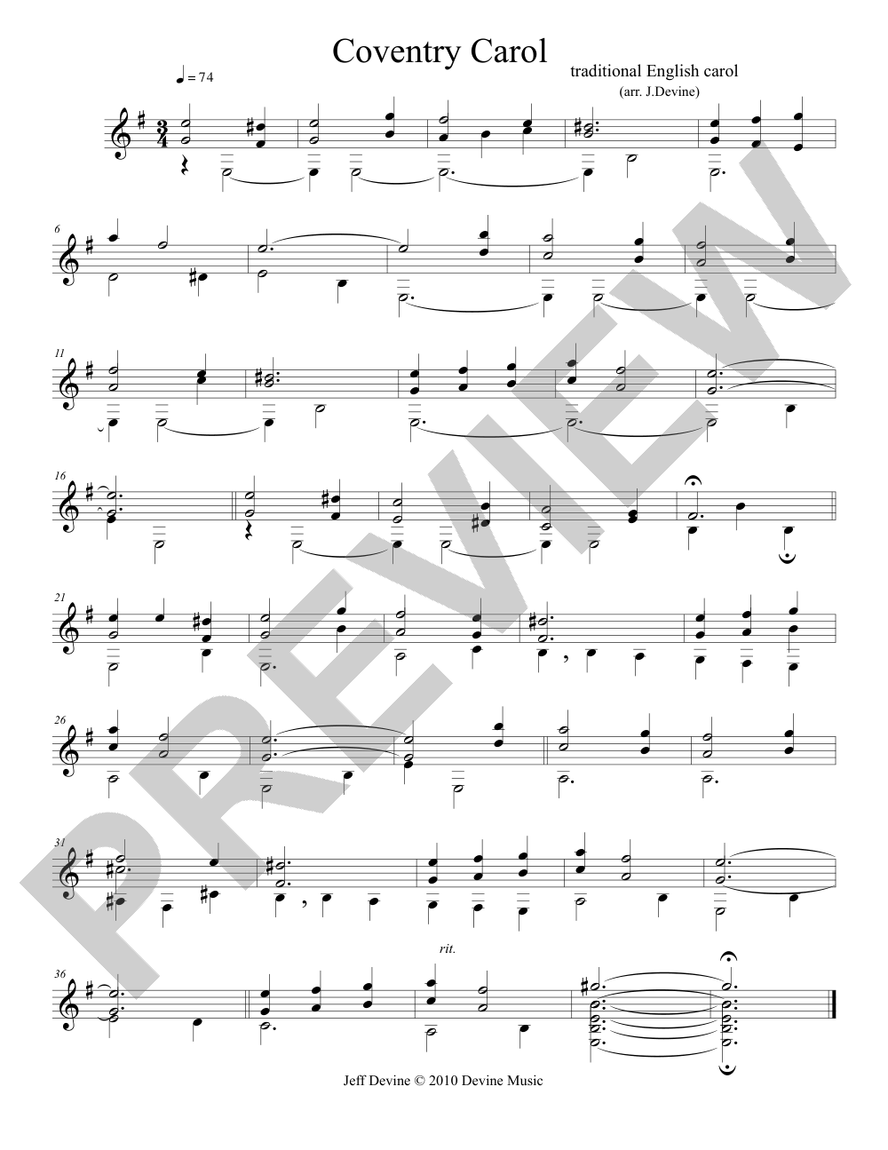 Coventry Carol sheet music preview, page 1 — Jeff Devine