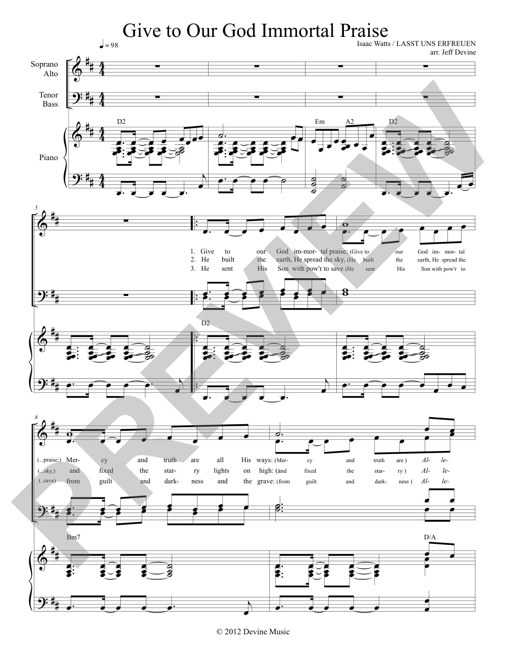 Give to Our God Immortal Praise (<em>Lasst Uns Erfreuen</em>) sheet music preview, page 1 — Jeff Devine