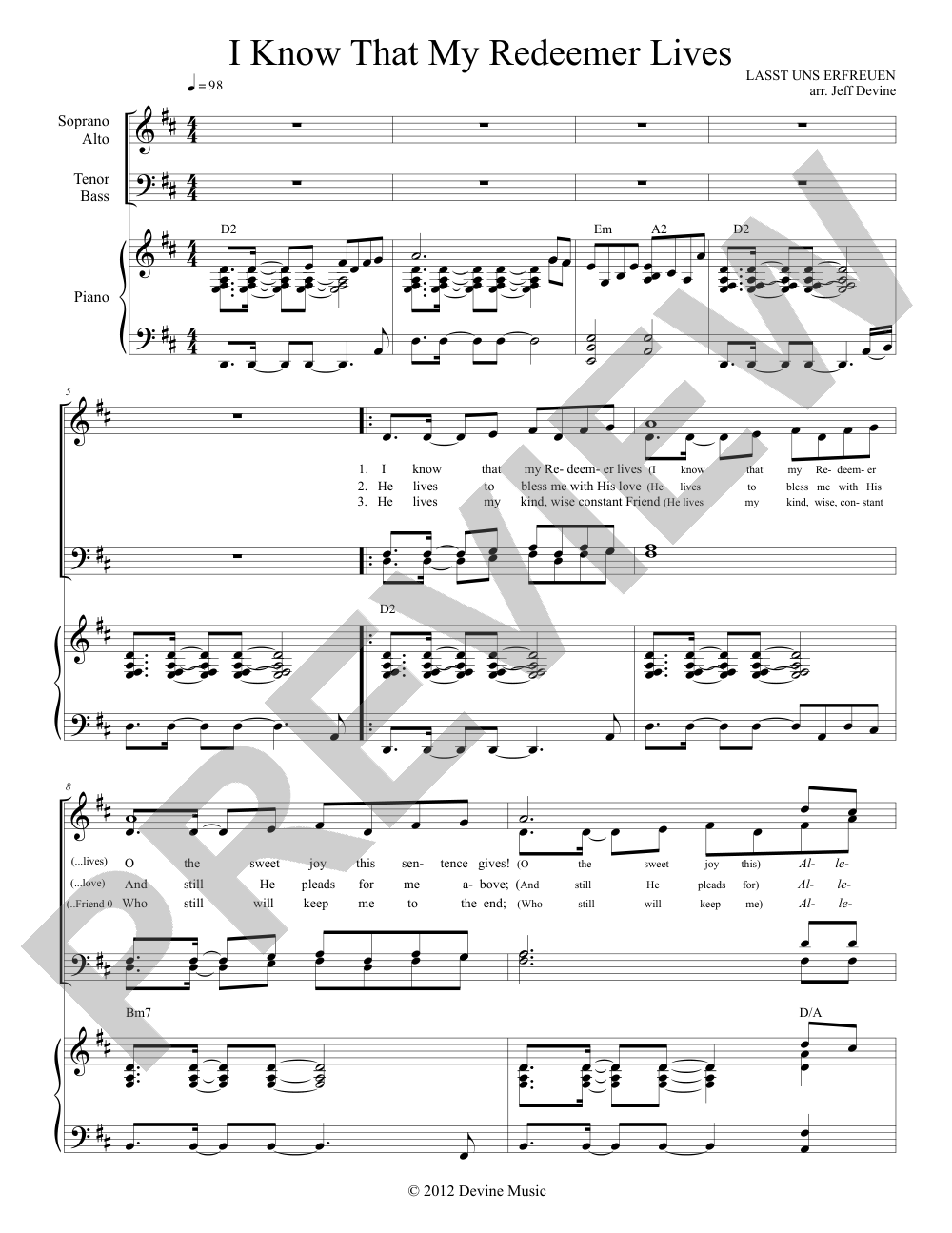 I Know That My Redeemer Lives (<em>Lasst Uns Erfreuen</em>) sheet music preview, page 1 — Jeff Devine