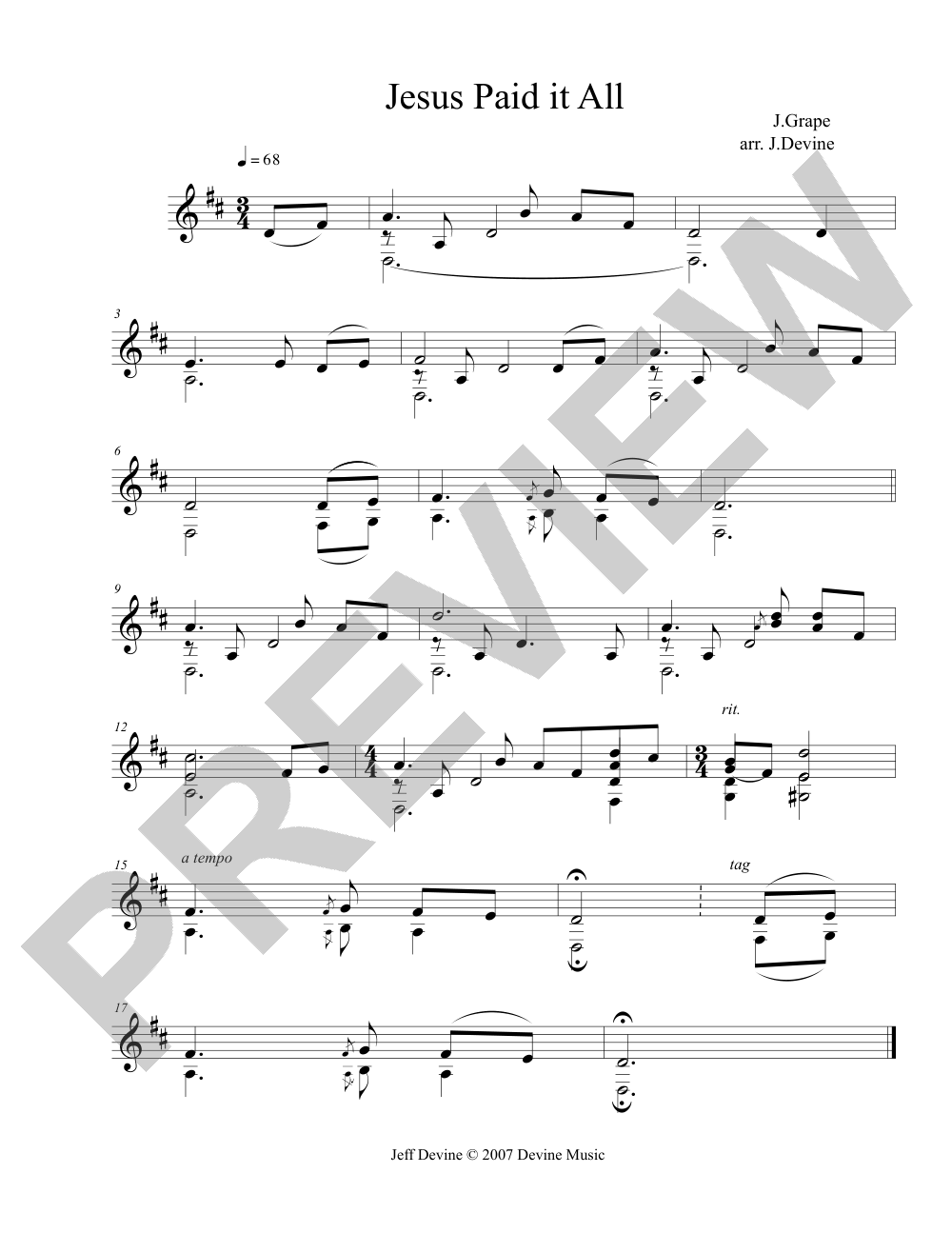 Jesus Paid it All sheet music preview, page 1 — Jeff Devine