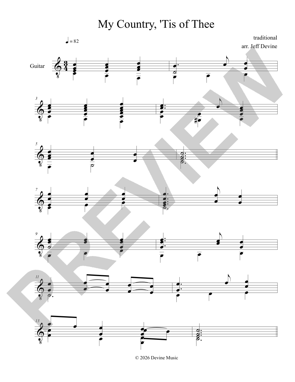 My Country 'tis of Thee sheet music preview, page 1 — Jeff Devine