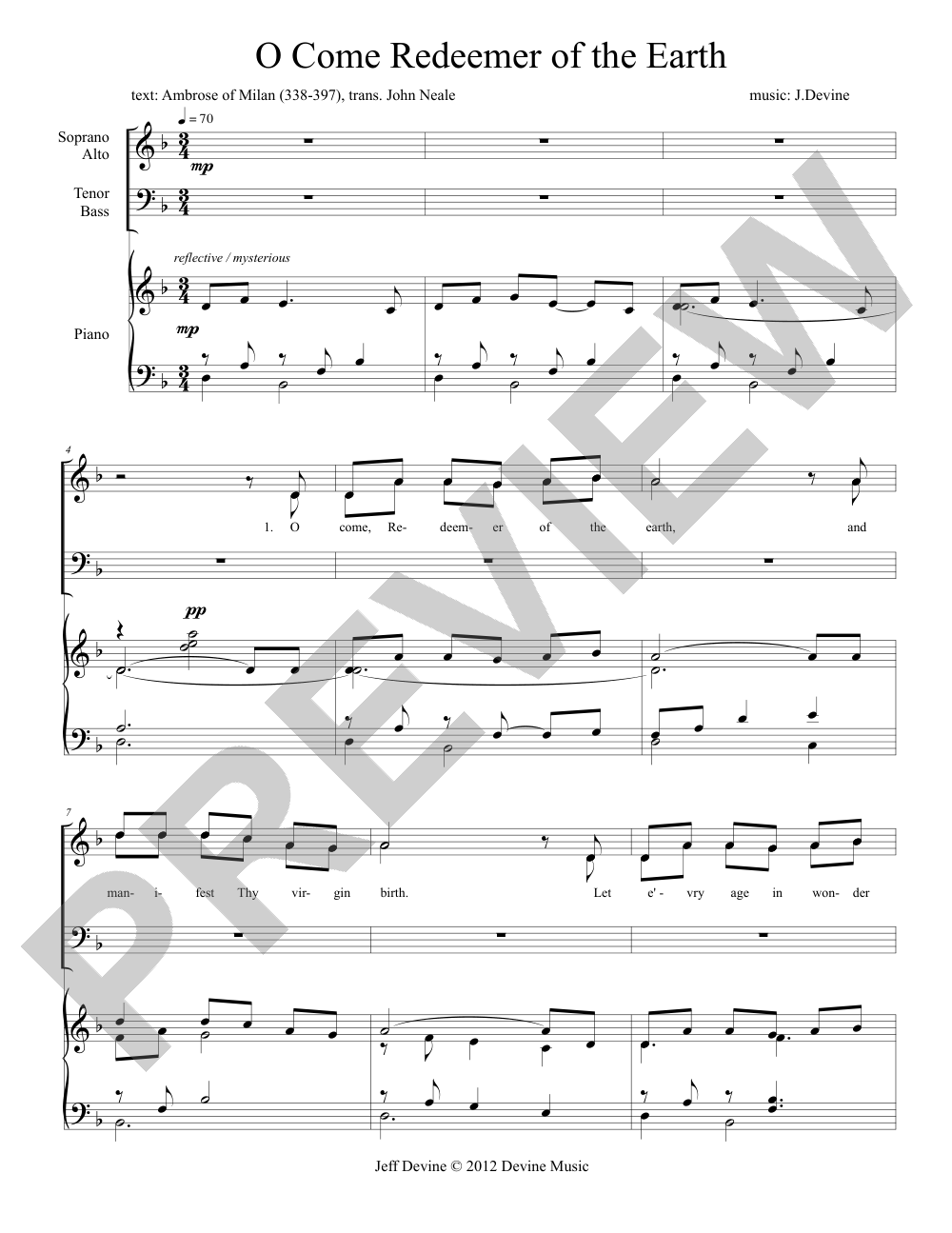 O Come Redeemer of the Earth sheet music preview, page 1 — Jeff Devine