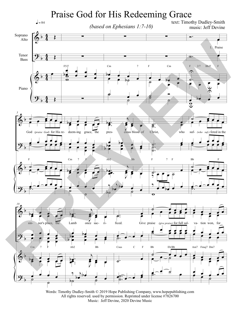 Praise God for His Redeeming Grace sheet music preview, page 1 — Jeff Devine