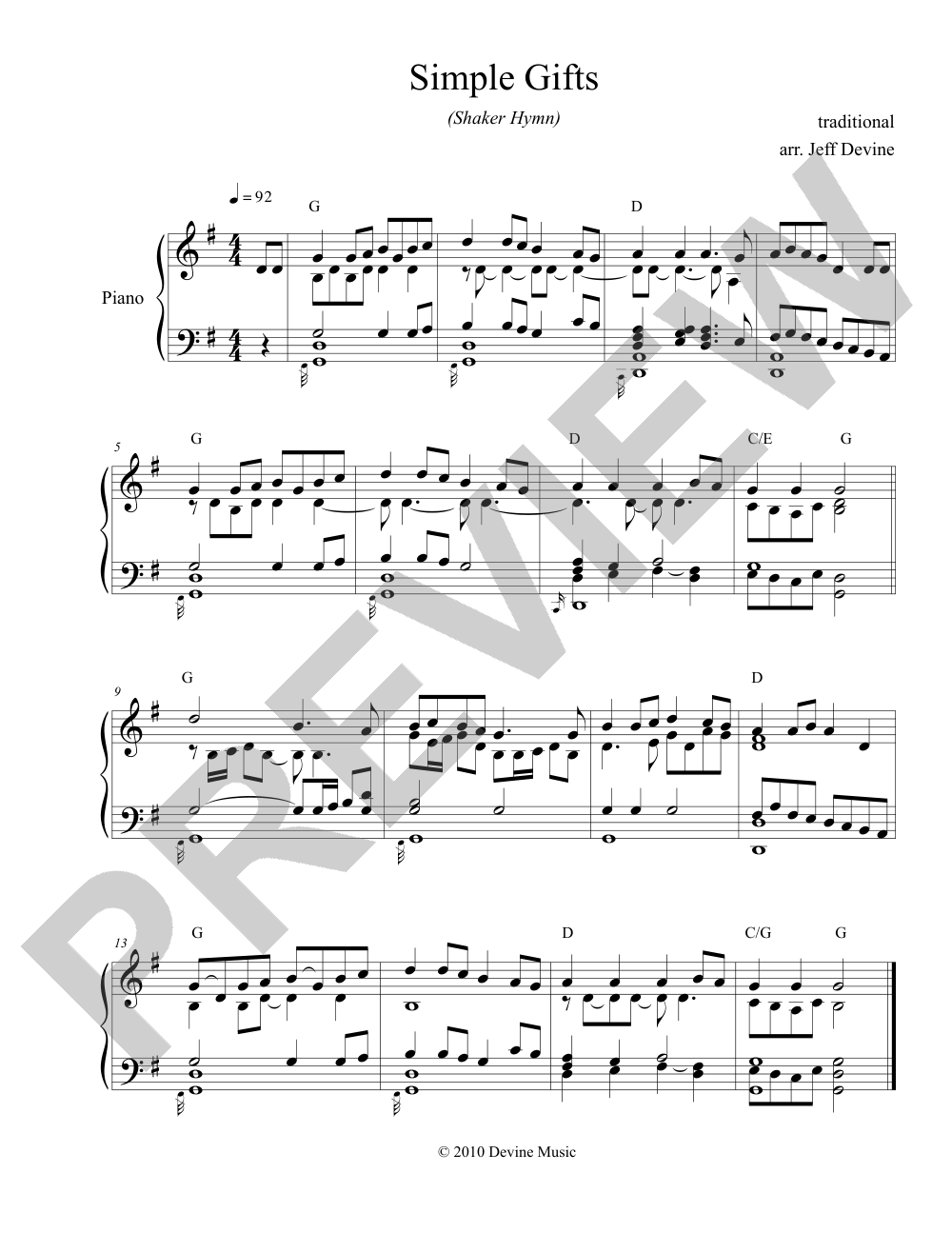 Simple Gifts sheet music preview, page 1 — Jeff Devine