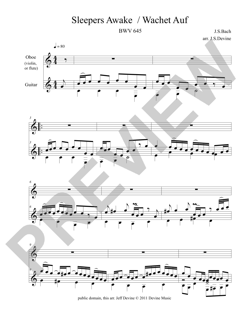 Sleepers Awake / Wachet Auf sheet music preview, page 1 — Jeff Devine