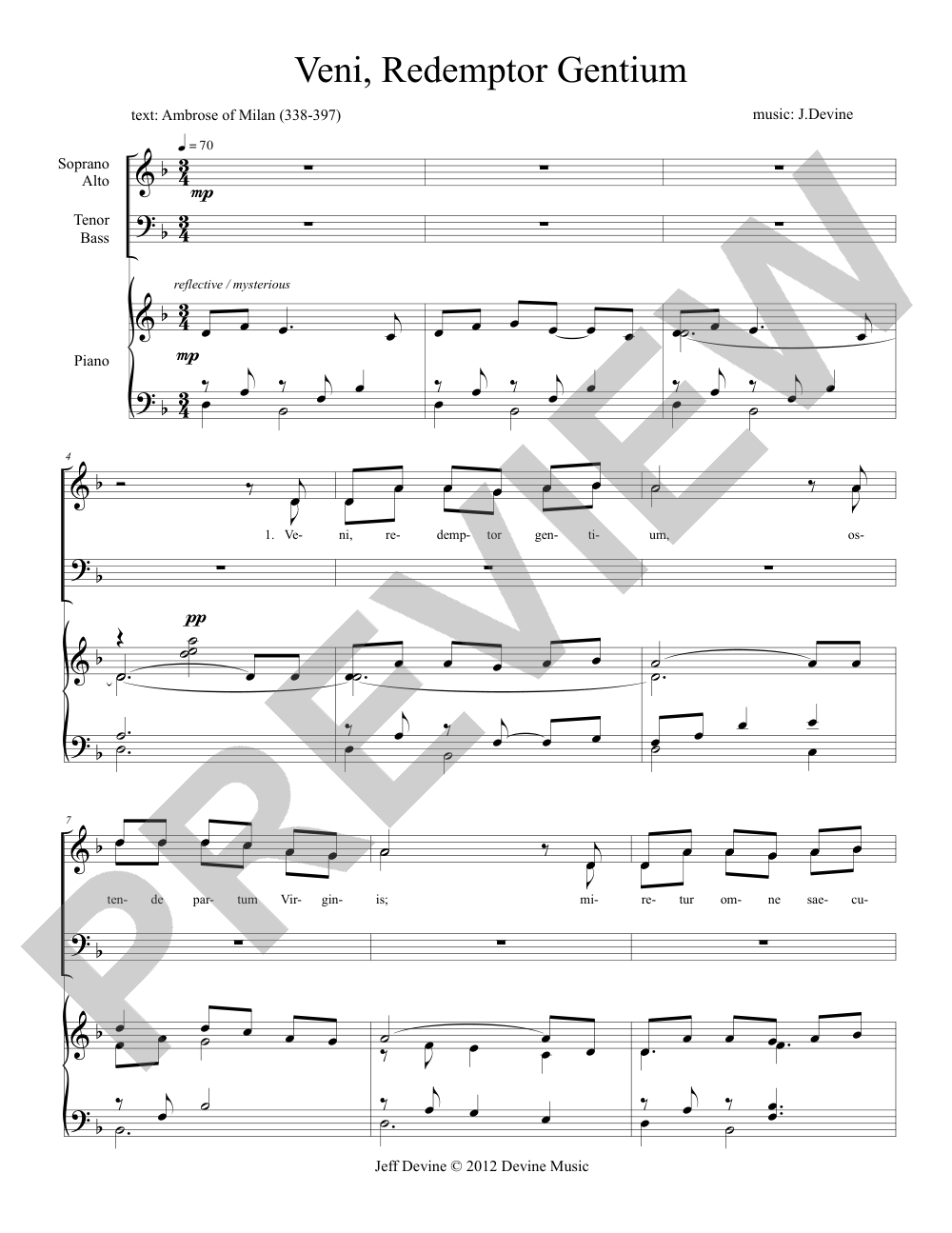 Veni, Redemptor Gentium (O Come Redeemer of the Earth) sheet music preview, page 1 — Jeff Devine
